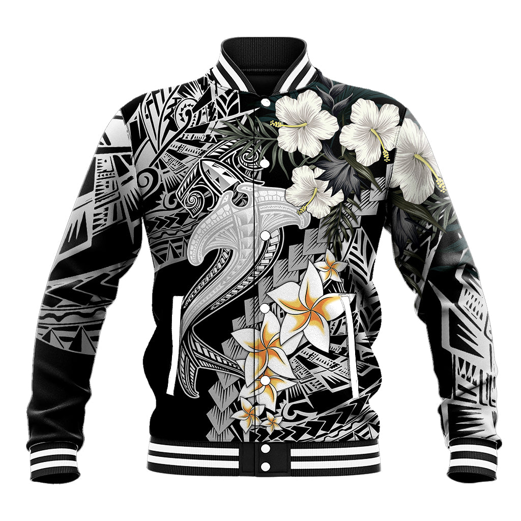 White baseball jacket with black tropical shark tattoo graphic, floral patches, striped cuffs