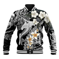 White baseball jacket with black tropical shark tattoo graphic, floral patches, striped cuffs