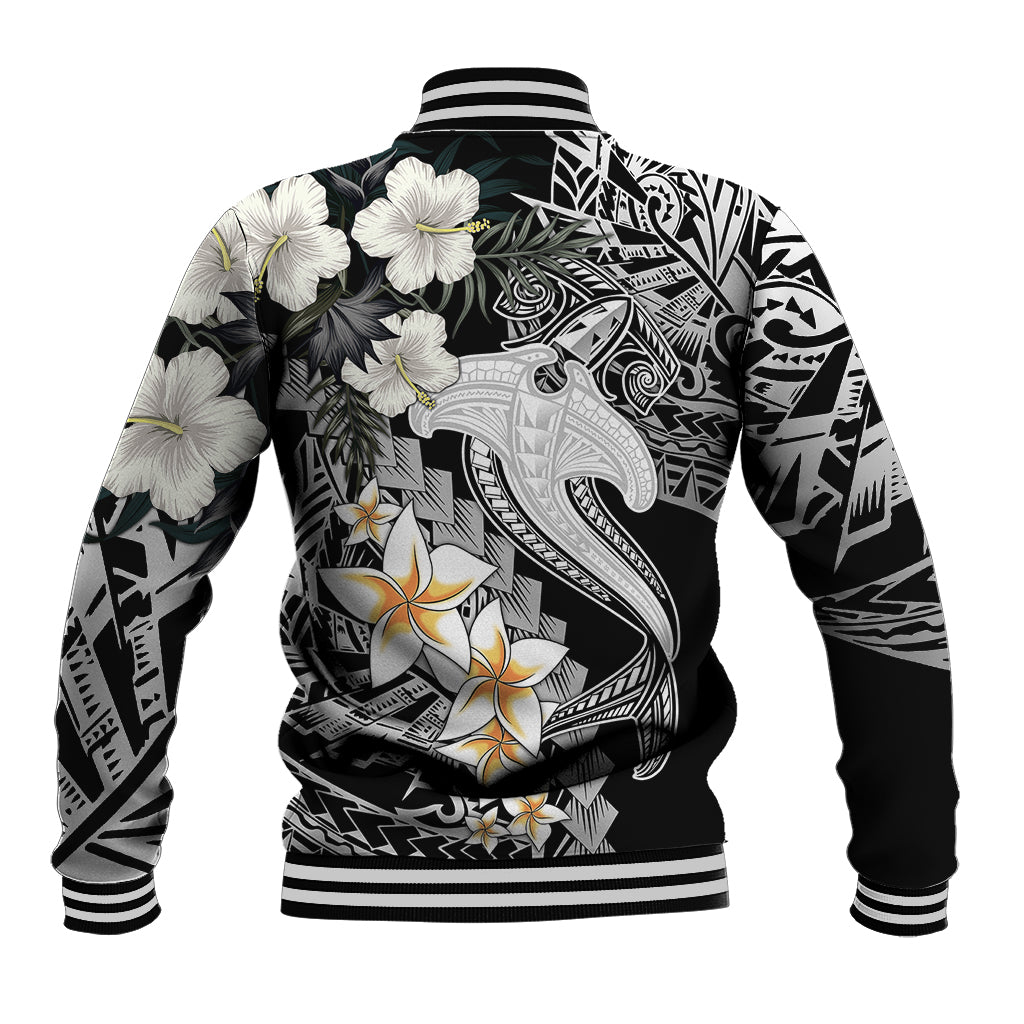 Baseball jacket back view with black-and-white shark tattoo, hibiscus and floral on striped hem