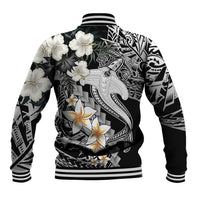 Baseball jacket back view with black-and-white shark tattoo, hibiscus and floral on striped hem