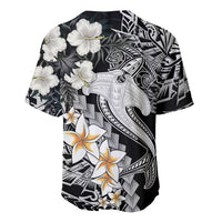 Baseball jersey, black and white with hibiscus florals and large tribal shark design