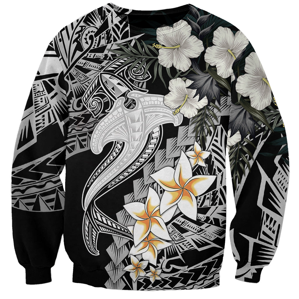 Black crewneck sweatshirt with Polynesian shark tattoo and white/gray flowers