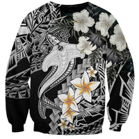 Black crewneck sweatshirt with Polynesian shark tattoo and white/gray flowers