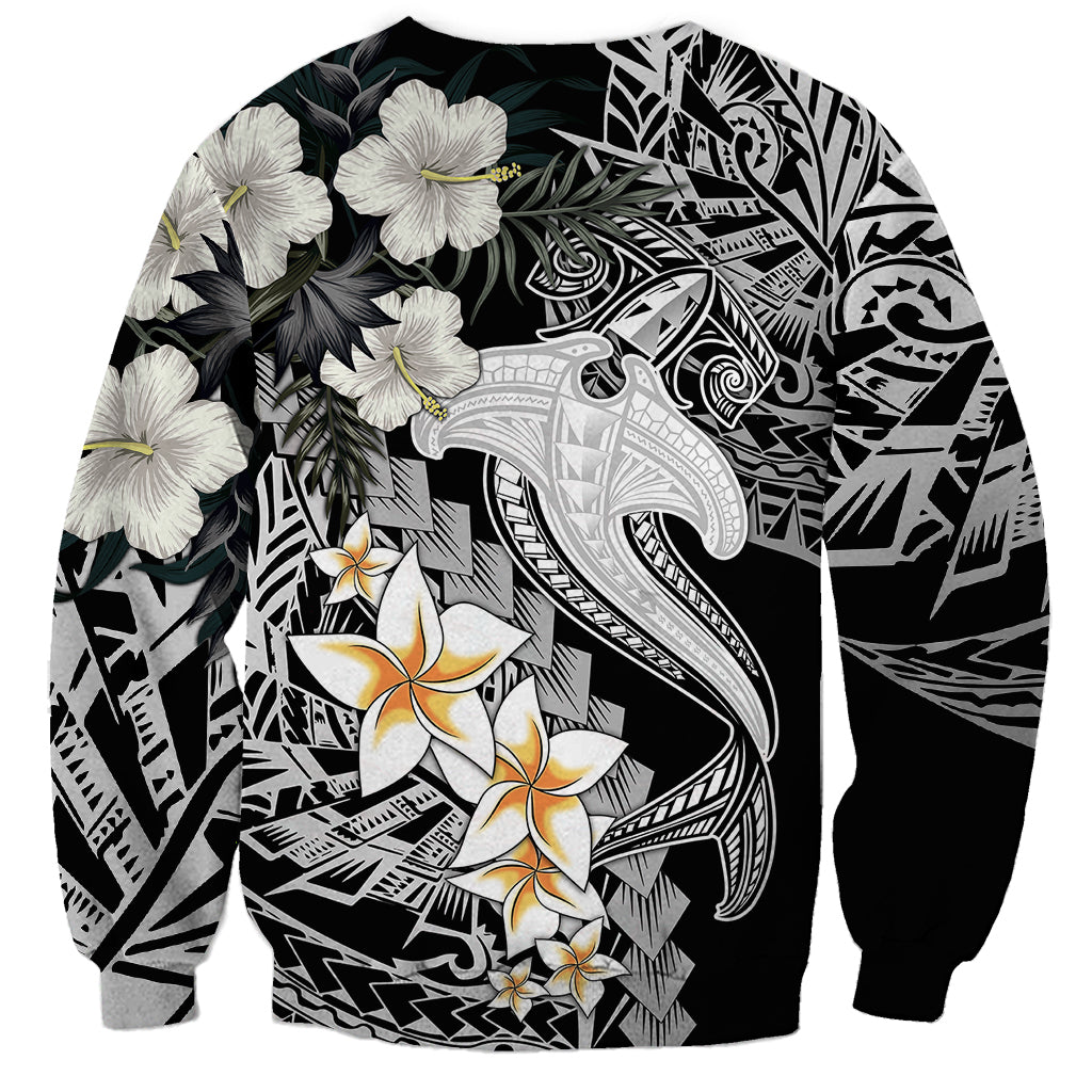 Black crewneck sweatshirt with large shark tattoo, white hibiscus and tropical leaves