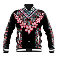 Black baseball jacket with pink hibiscus flowers, tribal geometric front and striped collar.