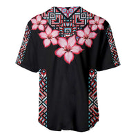 Black baseball jersey back view with pink hibiscus flowers and tribal geometric border