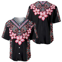 Two black baseball jerseys, front and back, with pink hibiscus flowers and tribal trim