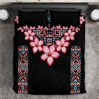 Black duvet bedding set with pink hibiscus flowers and blue tribal border panels