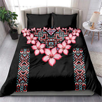 Black duvet bedding set with pink hibiscus flowers, blue tribal pattern, two matching pillow shams