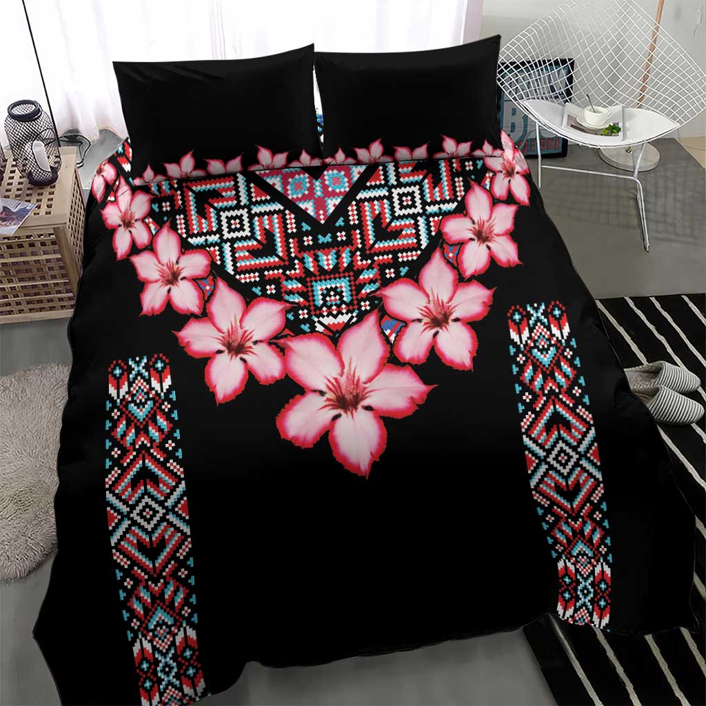 Black duvet cover bedding set with pink hibiscus flowers and blue geometric tribal center