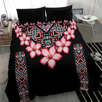 Black duvet cover bedding set with pink hibiscus flowers and blue geometric tribal center