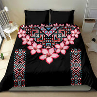 Black duvet bedding set with pink hibiscus flowers and blue geometric tribal side borders