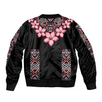 Unisex black bomber jacket with pink floral chest and patterned vertical panels