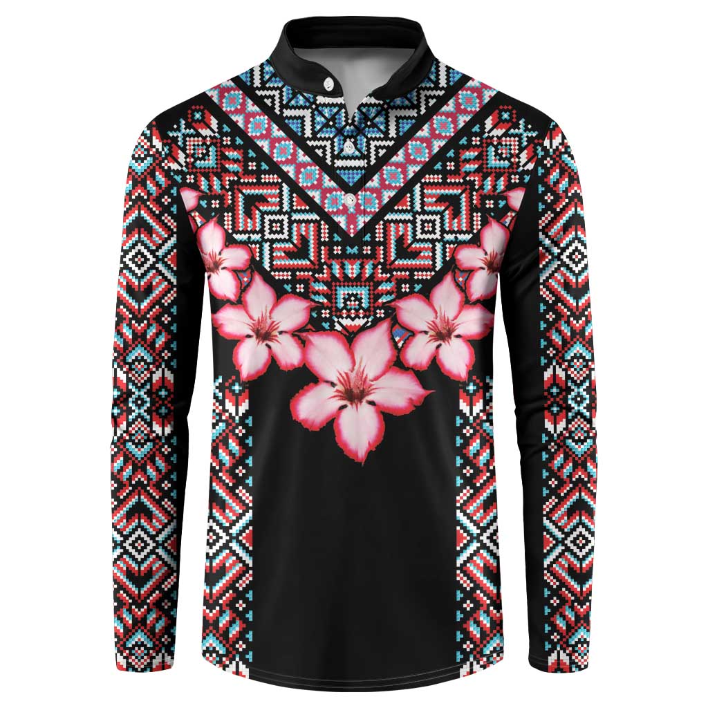 Black long-sleeve button sweatshirt with pink hibiscus flowers and multicolor tribal trim