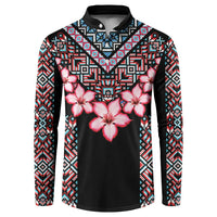 Black long-sleeve button sweatshirt with pink hibiscus flowers and multicolor tribal trim
