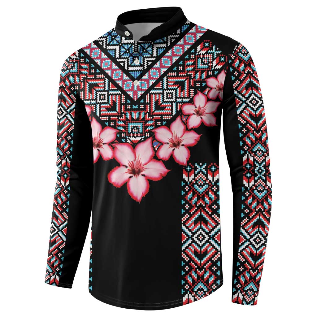 Black long-sleeve button sweatshirt with pink flowers and geometric tribal pattern panels