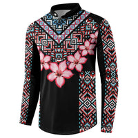 Black long-sleeve button sweatshirt with pink flowers and geometric tribal pattern panels