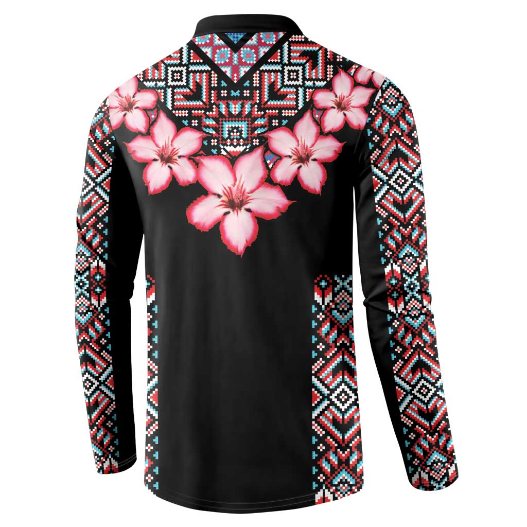 Black long-sleeve button sweatshirt with pink flower print and geometric tribal side bands