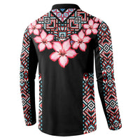 Black long-sleeve button sweatshirt with pink flower print and geometric tribal side bands