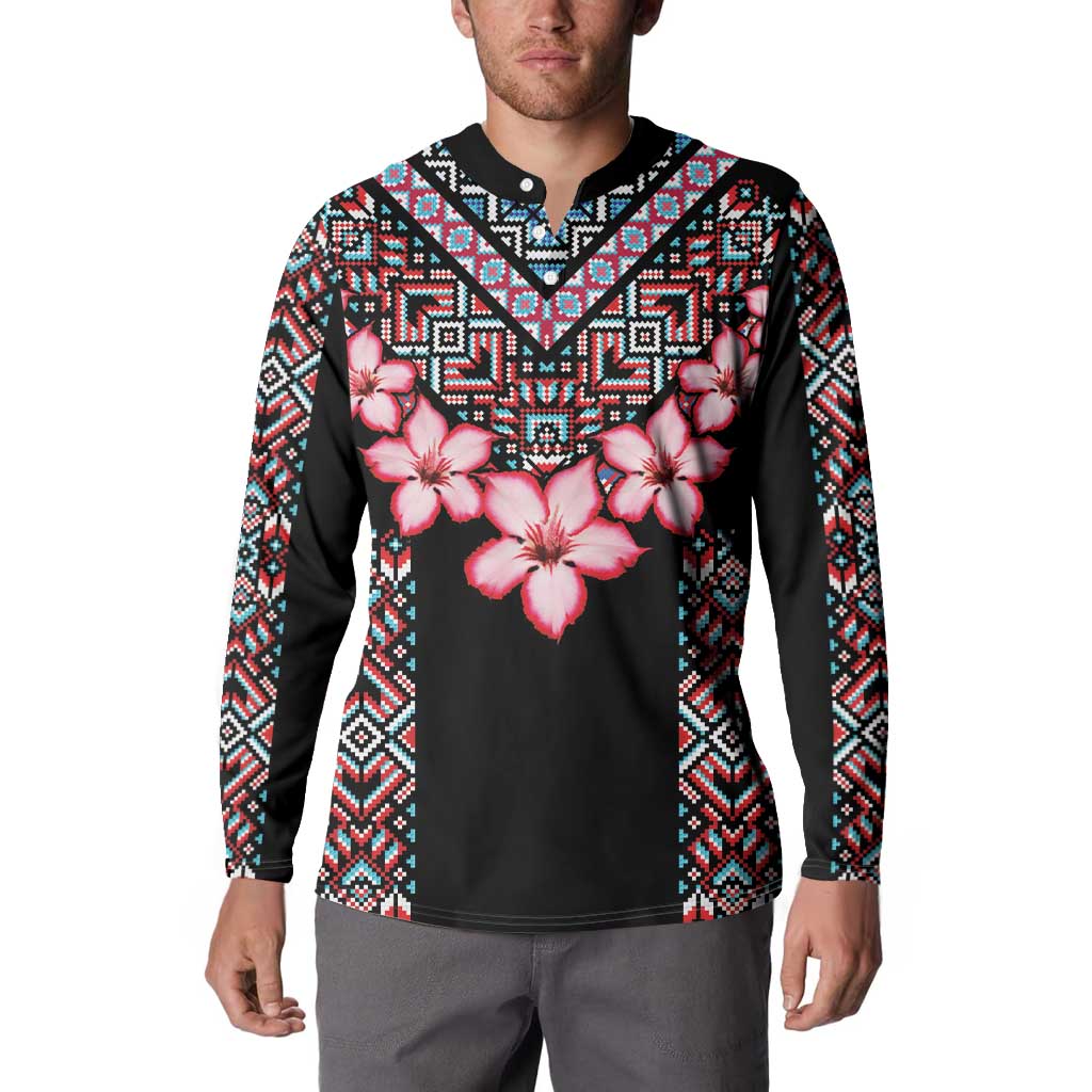 Black long-sleeve button sweatshirt with pink flowers and multicolor geometric yoke