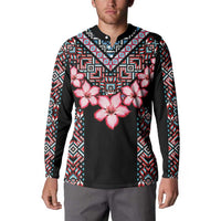 Black long-sleeve button sweatshirt with pink flowers and multicolor geometric yoke