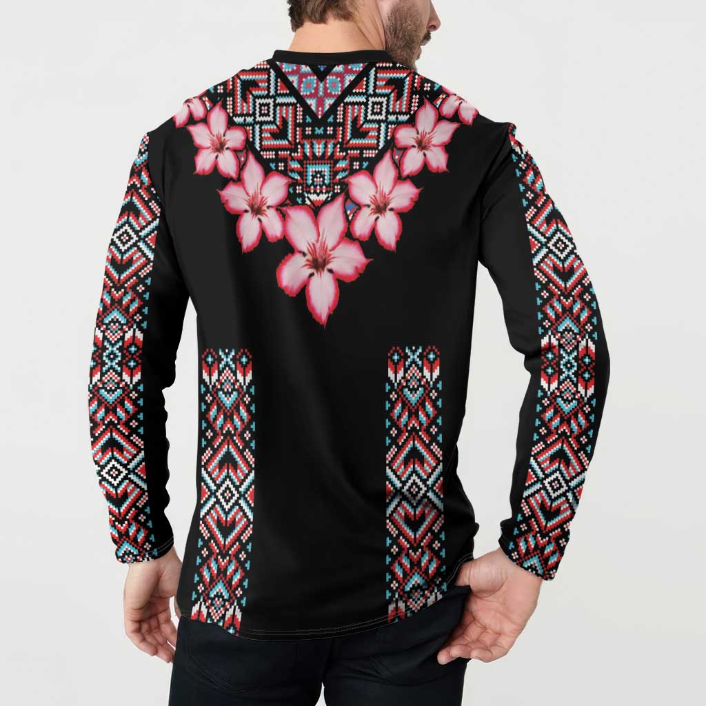 Black long-sleeve button sweatshirt with pink flowers and tribal patterned sleeves, back