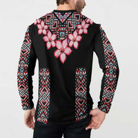Black long-sleeve button sweatshirt with pink flowers and tribal patterned sleeves, back