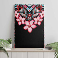 Black canvas wall art with pink flowers and blue red white geometric tribal pattern