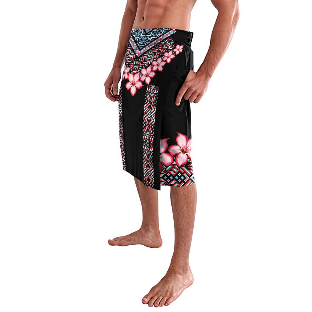 Black wrap skirt with pink hibiscus flowers and geometric stripe panel, side view