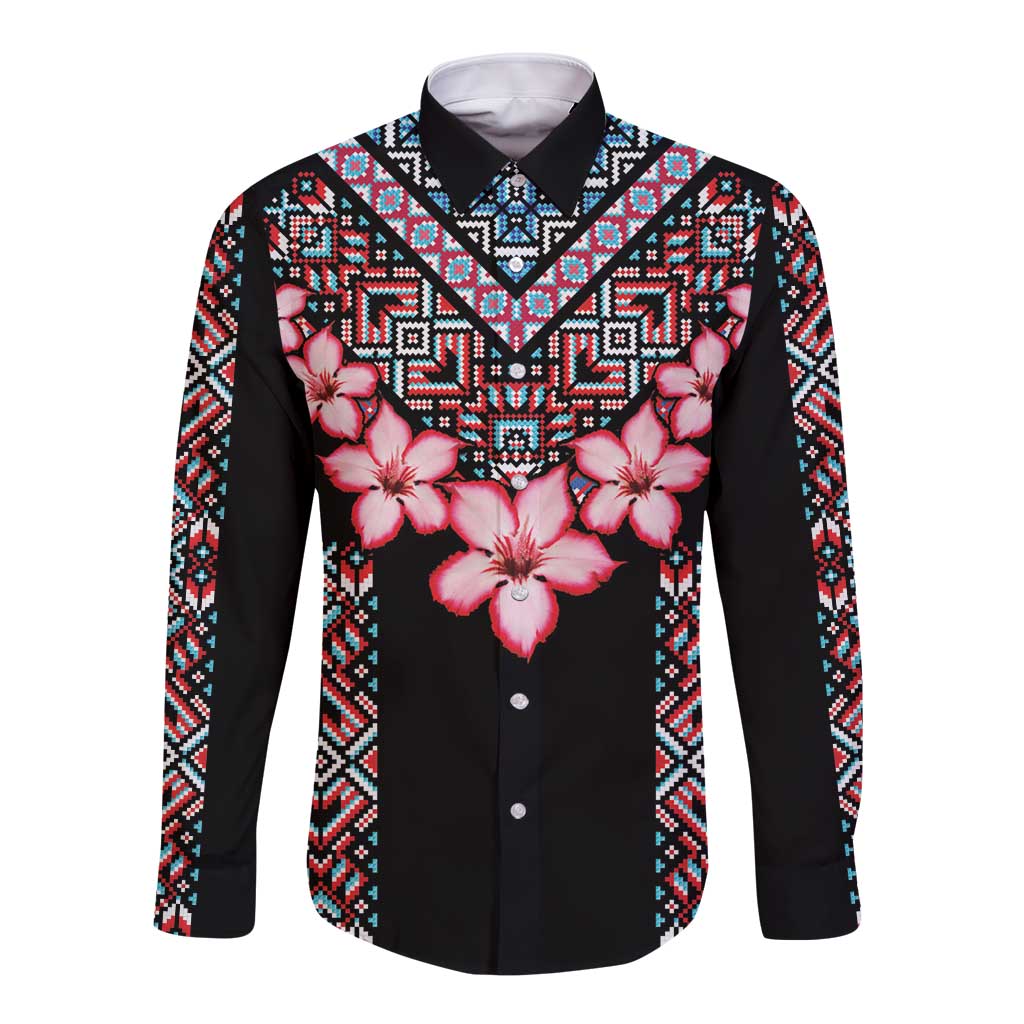 Unisex black long-sleeve button-up shirt with pink hibiscus flowers and tribal trim