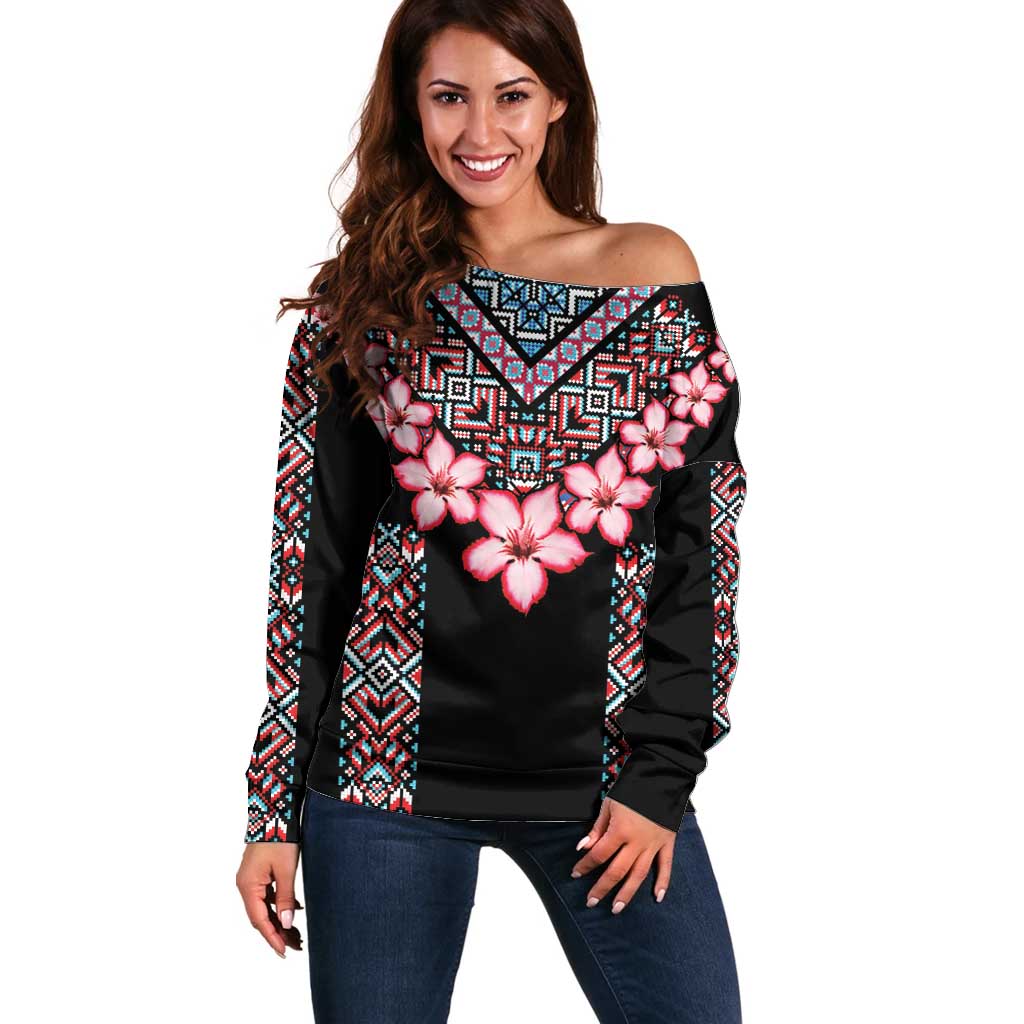 Africa Adenium Multiflorum Flowers Off Shoulder Sweater Mix Native Tribal Pattern - Wonder Print Shop