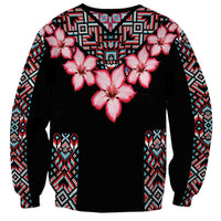 Unisex black sweatshirt with pink flower print and colorful geometric side panels