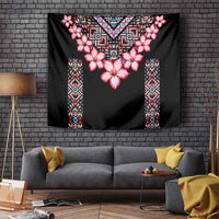 Black tapestry with central pink blossom motif and vertical patterned side bands