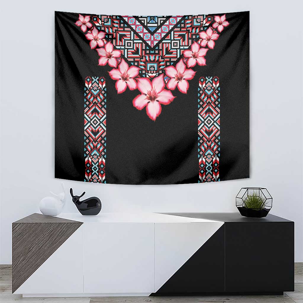 Black floral tribal tapestry with pink blossoms and symmetrical multicolor vertical stripes