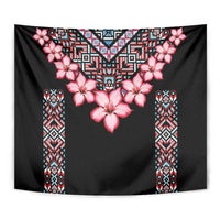 Black tapestry with pink hibiscus-style flowers and colorful patterned center