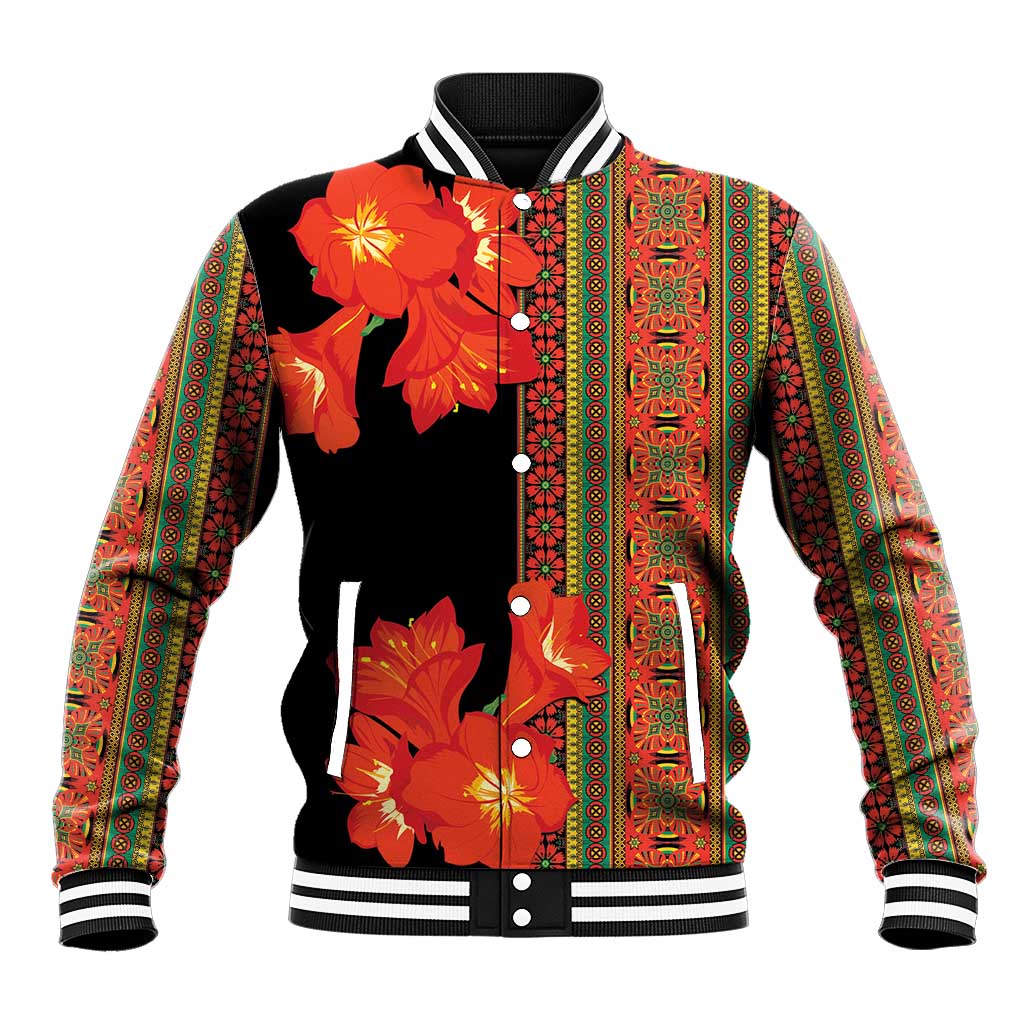 Unisex black baseball jacket with orange-red floral front, striped button placket, ribbed trim