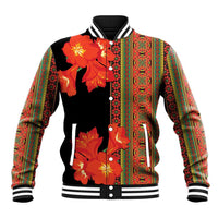 Unisex black baseball jacket with orange-red floral front, striped button placket, ribbed trim