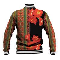 Unisex black baseball jacket with orange-red flower print back, vertical striped panels, ribbed cuffs