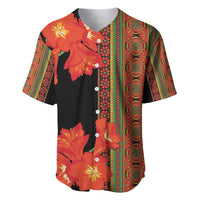 Baseball jersey, black with orange floral print and multicolor vertical stripe panel