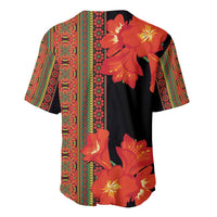 Baseball jersey back view, black with orange-red flowers and multicolor vertical stripe
