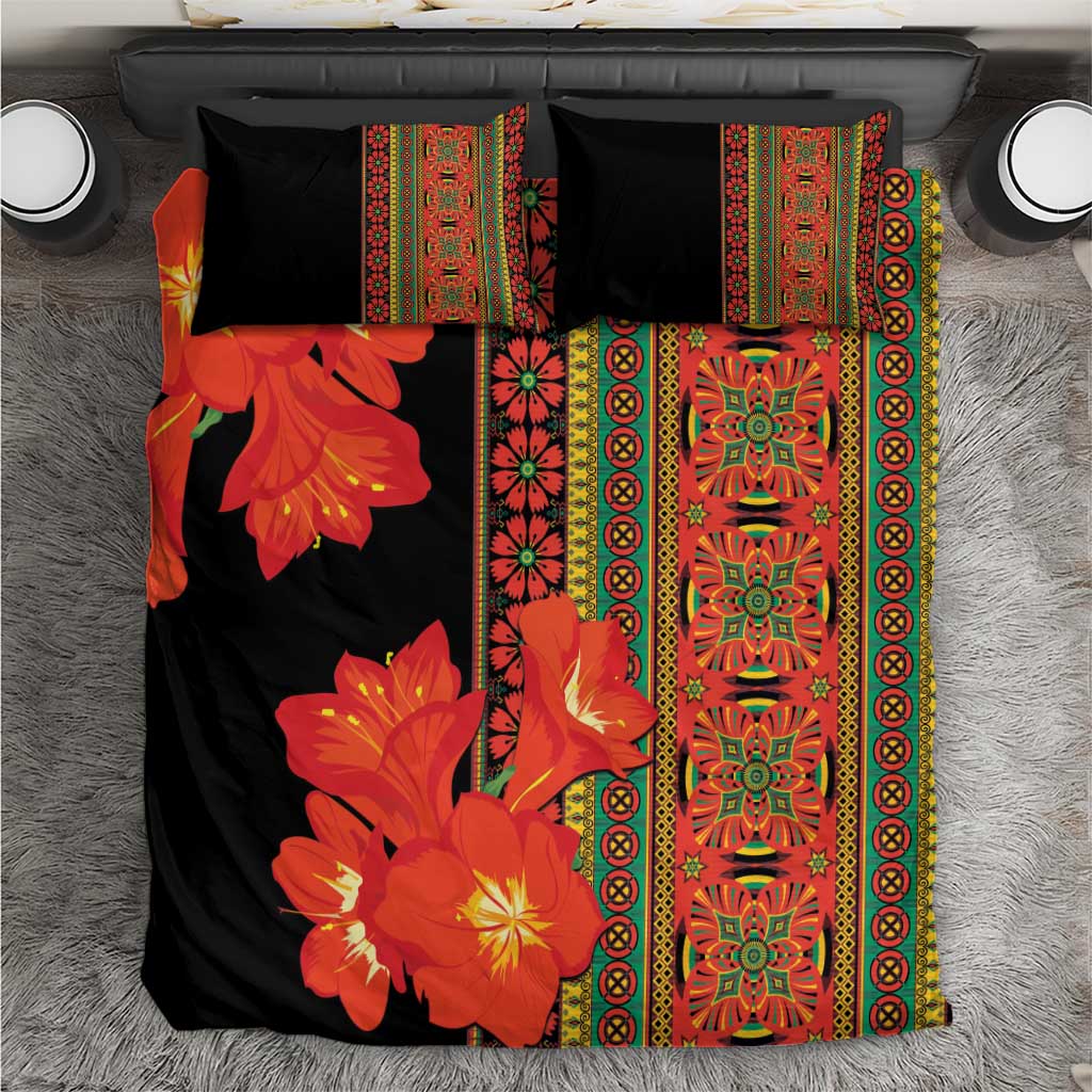 Black bedding set with orange-red blossoms and central multicolor geometric stripe