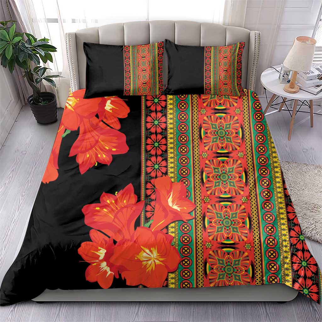 Black bedding set with orange-red flower print and vertical patterned stripe panels