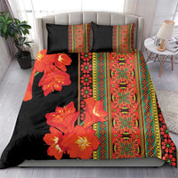Black bedding set with orange-red flower print and vertical patterned stripe panels