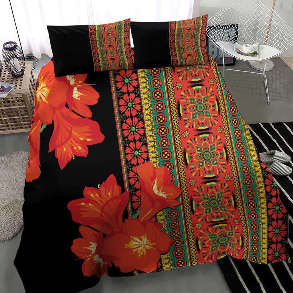 Black bedding set with large orange-red flowers and colorful geometric border stripes