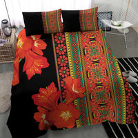Black bedding set with large orange-red flowers and colorful geometric border stripes