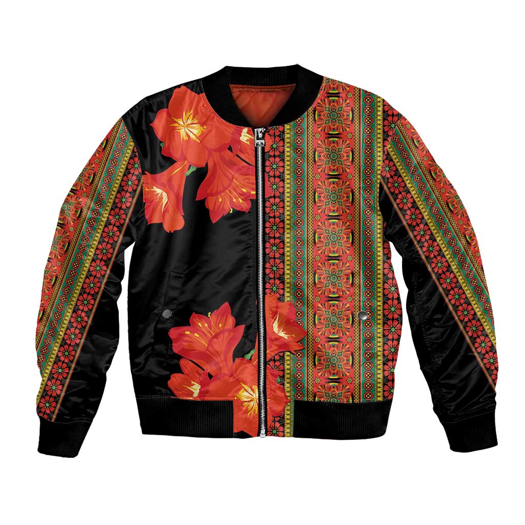 Unisex bomber jacket: black with orange clivia floral print and colorful patterned stripe