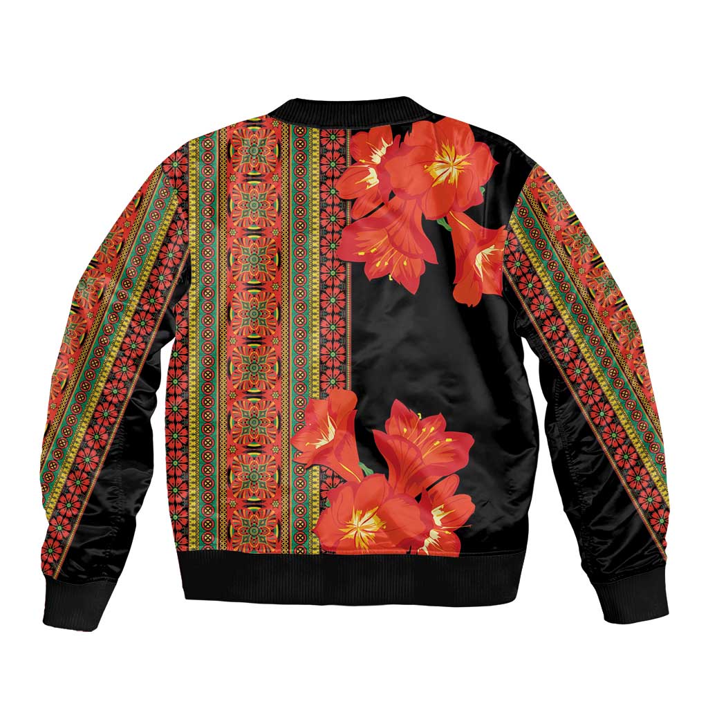 Unisex bomber jacket: black with orange clivia floral print and colorful vertical stripe panel