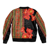 Unisex bomber jacket: black with orange clivia floral print and colorful vertical stripe panel