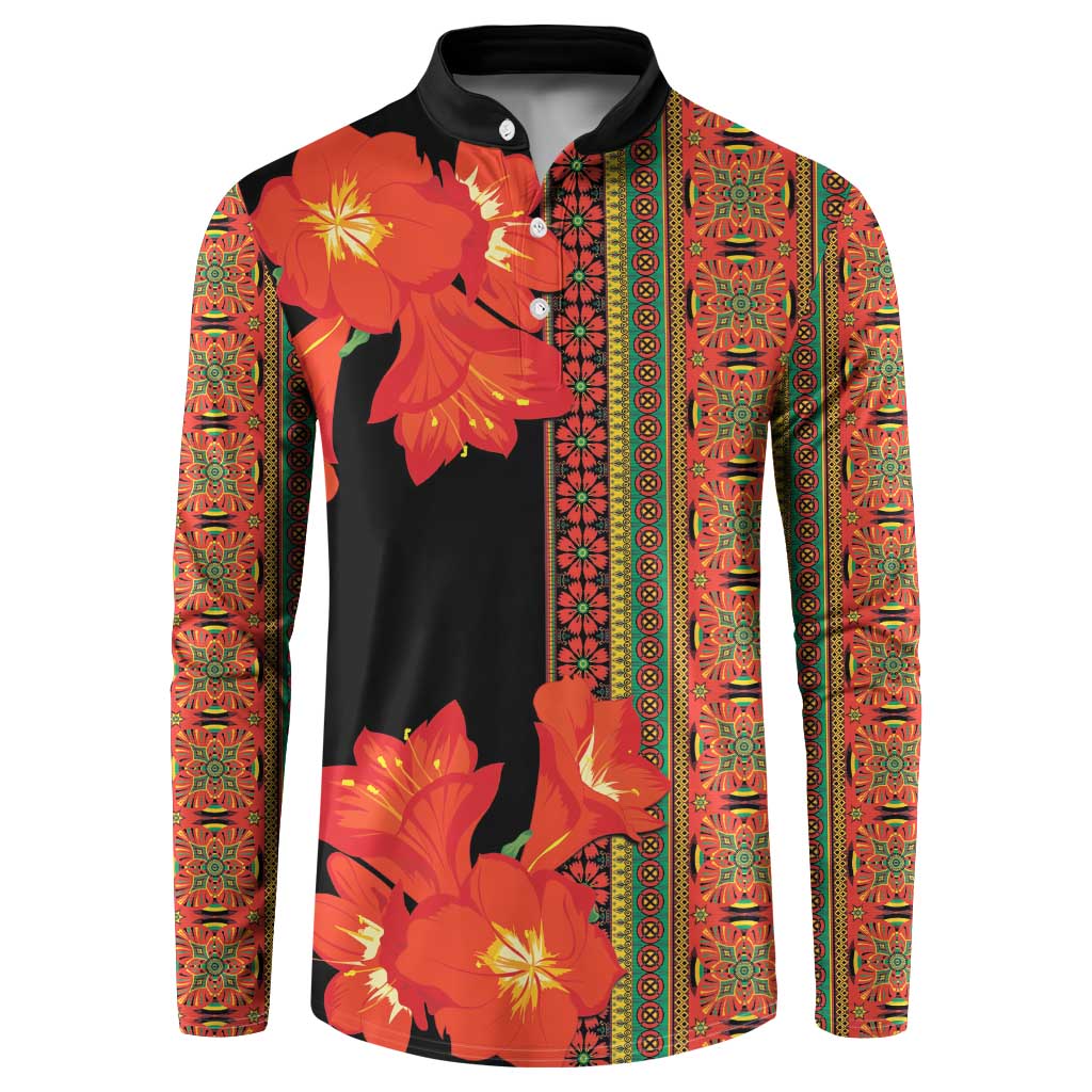Men's black button sweatshirt with orange-red floral print and patterned sleeves