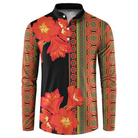 Men's black button sweatshirt with orange-red floral print and patterned sleeves